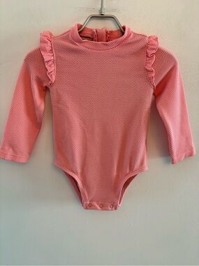 Old Navy Pink Long-Sleeve Ruffle Shoulder swimsuit 6/12M